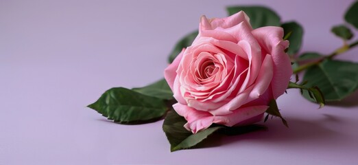 Fototapeta premium Single Pink Rose With Green Leaves on Purple Background