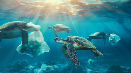 Obraz premium Several sea turtle eating plastic bags while swimming in a bright blue ocean seen from a low angle 