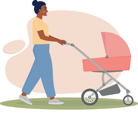 African american woman with baby stroller. Happy mom walking with kid in carriage. Mother strolling the carriage. African american mum is going, child is sleeping. Vector illustration.