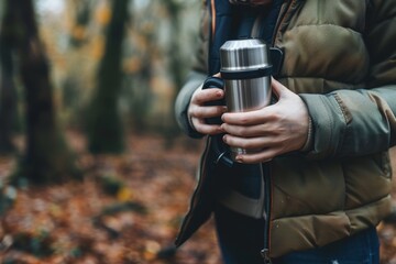 Enjoying Warm Beverage in a Forest During Autumn Hike With Colorful Foliage Surrounding