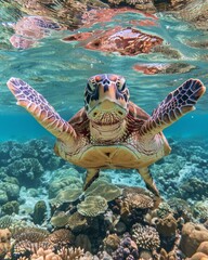 Obraz premium Sea Turtle Swimming Over Vibrant Coral Reef in Tropical Waters