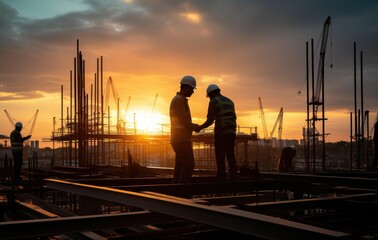 Fototapeta premium Silhouette of engineer and construction team working at site over blurred background sunset pastel for industry background with Light fair