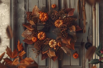 Beautiful Autumn Wreath With Pumpkins and Pinecones Hanging on Front Door