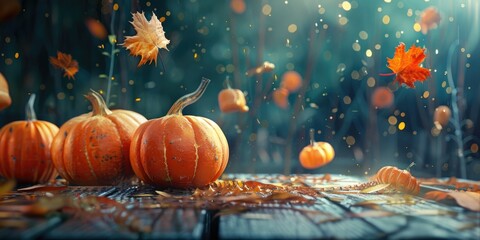 Group of pumpkins sitting on a wooden floor, ideal for fall-themed designs or autumn-inspired images