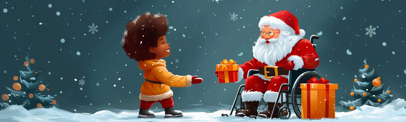 Santa giving a gift to a child in a wheelchair