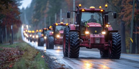 Tractors Driving in a Line on a Rainy Autumn Road