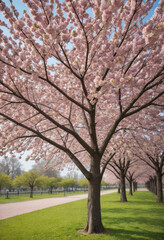  A blooming cherry blossom tree in a park. 