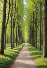 Fototapeta premium A tree lined path in a spring forest. 