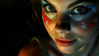 A captivating close-up of a young woman's face adorned with vibrant face paint, sparkling in low light, evoking festive and cultural celebration.