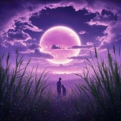 An anime universe with stunning purple hues, clouds, and ethereal landscapes featuring colors never seen on Earth, creating a surreal and otherworldly atmosphere.