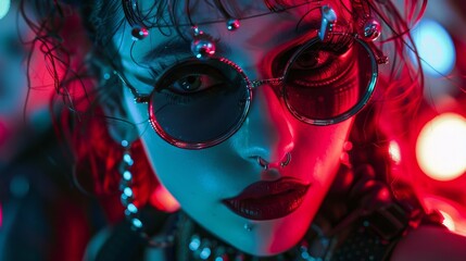 Realistic wide angle close up of goth girl at rave in movie still, capturing authentic atmosphere
