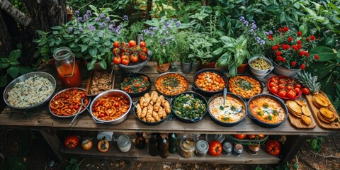 Rustic Table Spread With Colorful Lunch Dishes Surrounded by Greenery