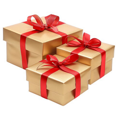 Obraz premium Gold gift box wrapped with red bow and ribbon isolated on white or transparent background png, generative ai
