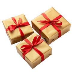 Obraz premium Gold gift box wrapped with red bow and ribbon isolated on white or transparent background png, generative ai