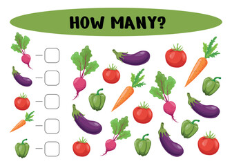 How many vegetables? Count the vegetables and write the answer. Worksheet for preschool and kindergarten. Vector illustration