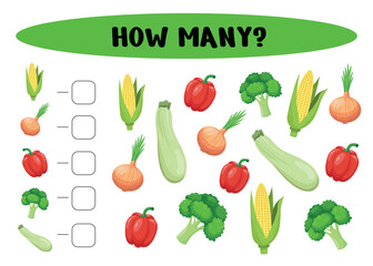 How many vegetables? Count the vegetables and write the answer. Worksheet for preschool and kindergarten. Vector illustration