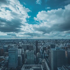 Expansive Panoramic View of Bustling City Under Cloudy Skies