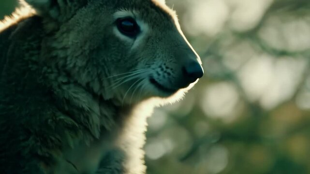 Tilting from the side towards the Koala bear's face and focusing on it. The background blurs, emphasizing the Koala bear's serious expression. 