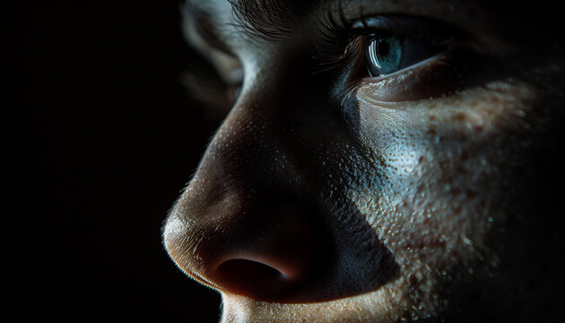 Close-up portrait of a person's face in low light, highlighting skin texture and intense gaze with a dramatic shadow effect.