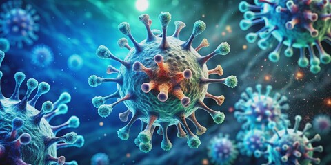 Close-up image of a virus attacking a cell, virus, microscopic, bacteria, infection, disease, biology, science