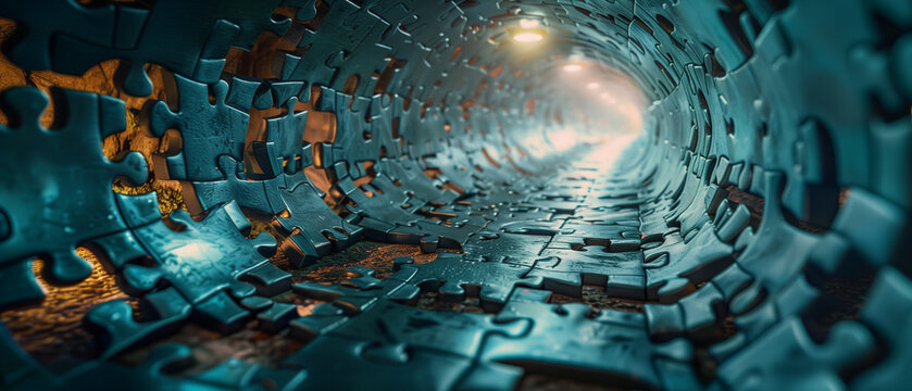 Surreal tunnel made of puzzle pieces, illuminated with light, creating a unique and abstract visual effect, symbolizing complexity and mystery.