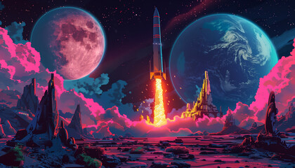 Obraz premium Vibrant sci-fi scene with rocket launch to distant planets, surrounded by alien landscape and colorful sky.