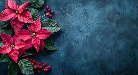 Pink Poinsettia Flowers on a Blue Background