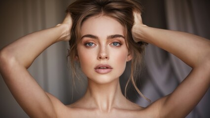 Obraz premium A woman with no shirt on holding her hair up, AI
