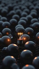 Glowing lightbulb among darkened bulbs  creative thinking and problem solving concept