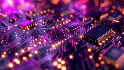 Circuit board close-up with microchips and electronic components. 3d rendering