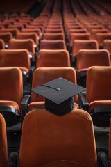 Graduation hat resting on a seat in an empty theater Concept accomplishment learning digital art.