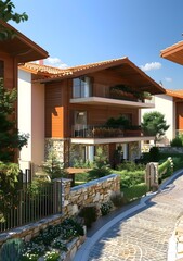 Fototapeta premium Modern Wooden House with Two Balconies and Stone Fence