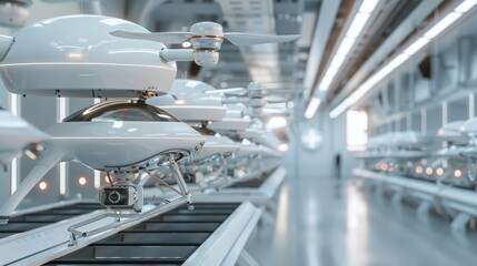 Fototapeta premium Futuristic drone assembly line, minimalist with white and metallic tones, realistic texture