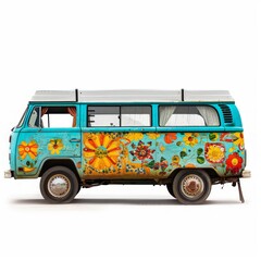 Medium shot of Hippie bus, isolated on a white background, bright and vivid tonality 