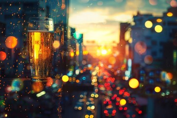 Abstract urban scene with a glass of beer and city lights in the background symbolizing nightlife and relaxation