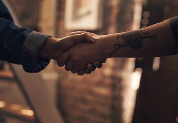 Metal, workshop and people with handshake for greeting or welcome, mutual commitment and industrial...