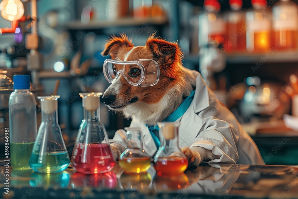 Poster cute dog dressed as a scientist in a lab, surrounded by colorful chemicals and glassware, representi