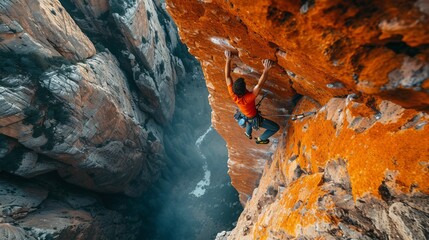 A climber in a red shirt ascends a vibrant cliffside, showcasing the thrill of extreme sports in breathtaking natural surroundings.