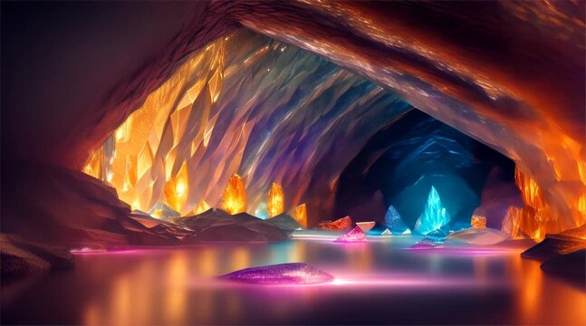 Onwards into an illuminated cave whose walls are made of multicolored crystals.