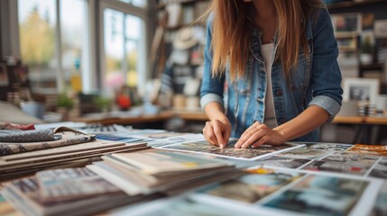 Fototapeta premium A focused young woman in a denim jacket curates a collection of photographs in a cozy, creative workspace adorned with art supplies.
