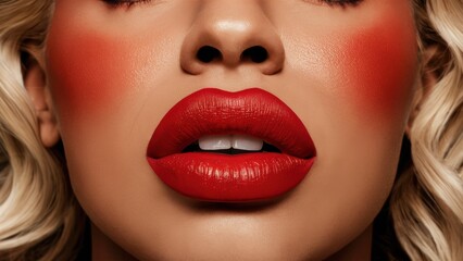 A woman with red lips and a blonde wig is making an expression, AI