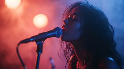 A captivating female vocalist immersed in her performance, surrounded by vibrant lights and smoke, capturing the electric atmosphere of a live music venue.