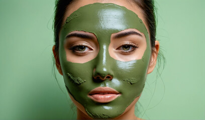 SPA treatments: portrait of a young woman with green moisturizing cosmetic cream on her face. Skin care concept.