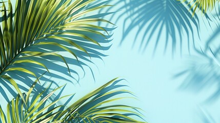 Abstract palm leaf shadows on light blue backdrop for advertising with creative space