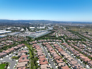 Aerial view of middle class community identical condominium houses, Lake Forest, South California, USA.