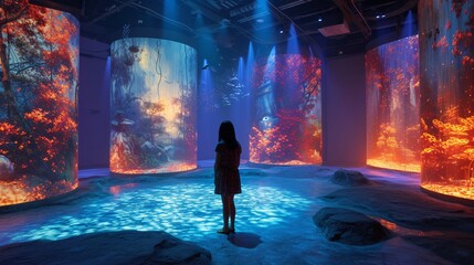 A person stands mesmerized in an immersive art installation, surrounded by vivid projections of nature and flowing light patterns.