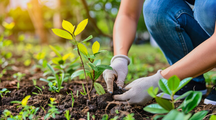 Fototapeta premium Person planting a tree in a public park