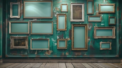 Wooden vintage silver frames displayed on old green wall in museum exhibition