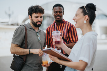 Three business professionals engaging in a casual discussion outdoors in an urban city. They are holding drinks and a tablet, showing teamwork and collaboration.