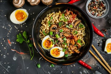 Bowl of Noodles With Mushrooms and Eggs